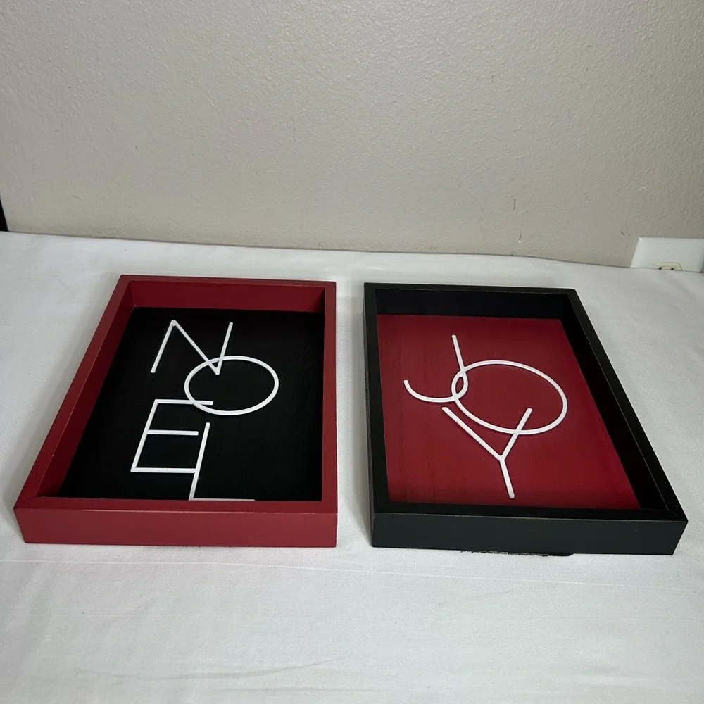 2 Set JOY NOEL Red Bkack White Wood Metal Modern Minimalist‎ Wall Shadow Box Art